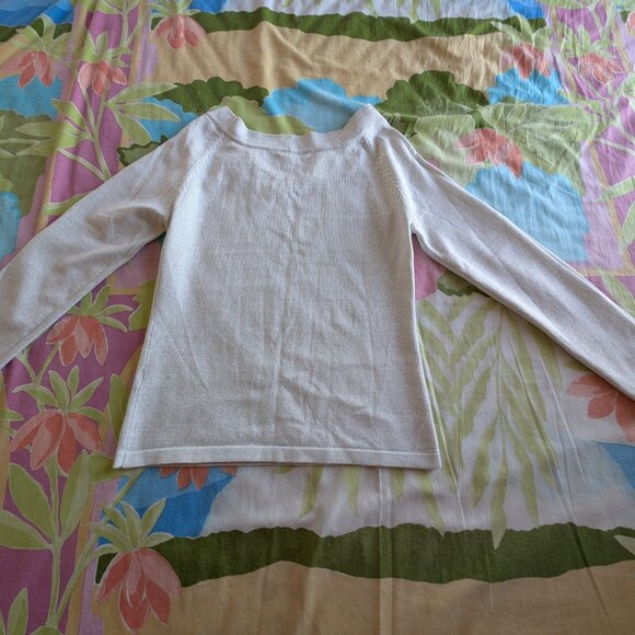 Debbiie & Morgan Metallic Silver woven Acrylic White Sz M Off Shoulder Sweater - Picture 14 of 14